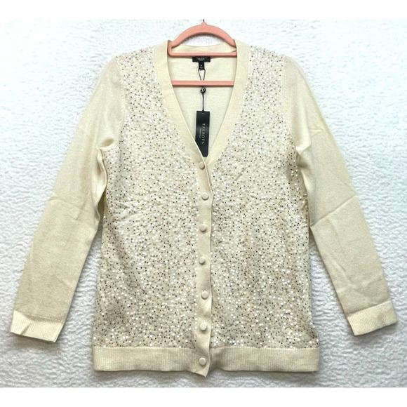 Talbots Sweaters - Talbots Cardigan Womens Medium Cream Petite Lambswool Sequin Button Up Rabbit